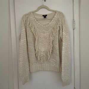 H&M White Cotton Blend Fringe Sweater Medium